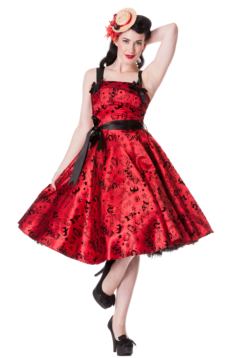 Rkp8 Hell Bunny Tattoo Flock Satin 50s Rockabilly Dress Pin Up Swing Prom Dance Ebay 